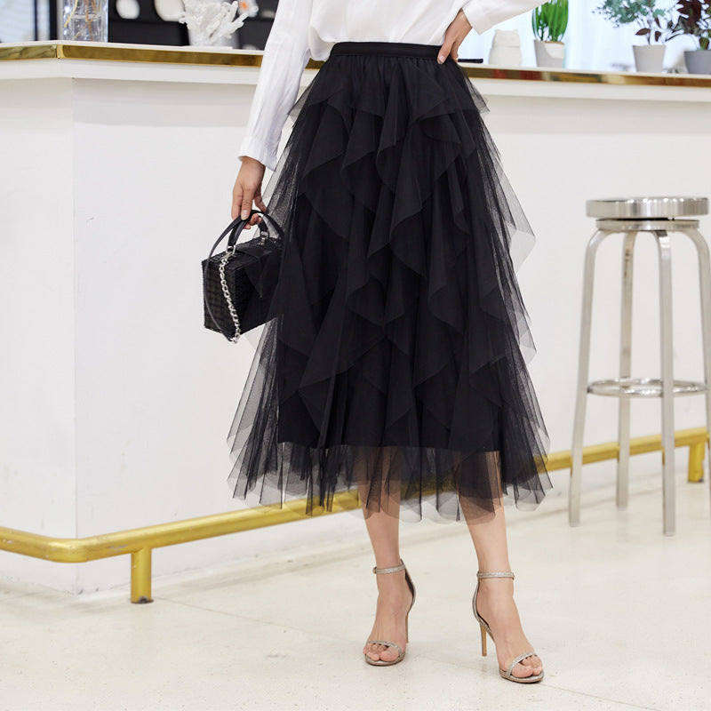 High-Waisted Layered Tulle Midi Skirt for Women