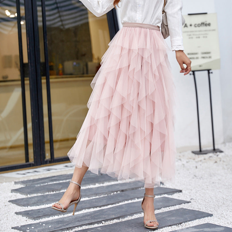 High-Waisted Layered Tulle Midi Skirt for Women