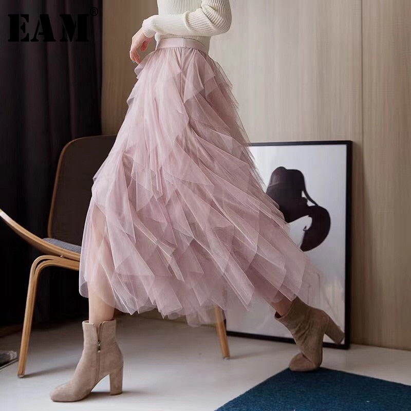 High-Waisted Layered Tulle Midi Skirt for Women
