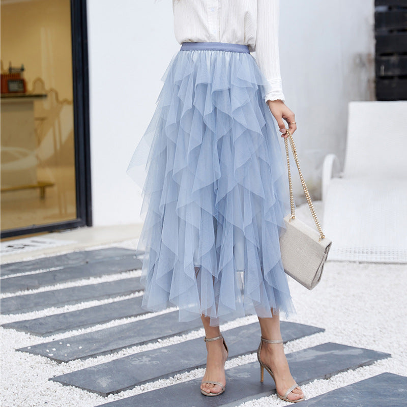 High-Waisted Layered Tulle Midi Skirt for Women