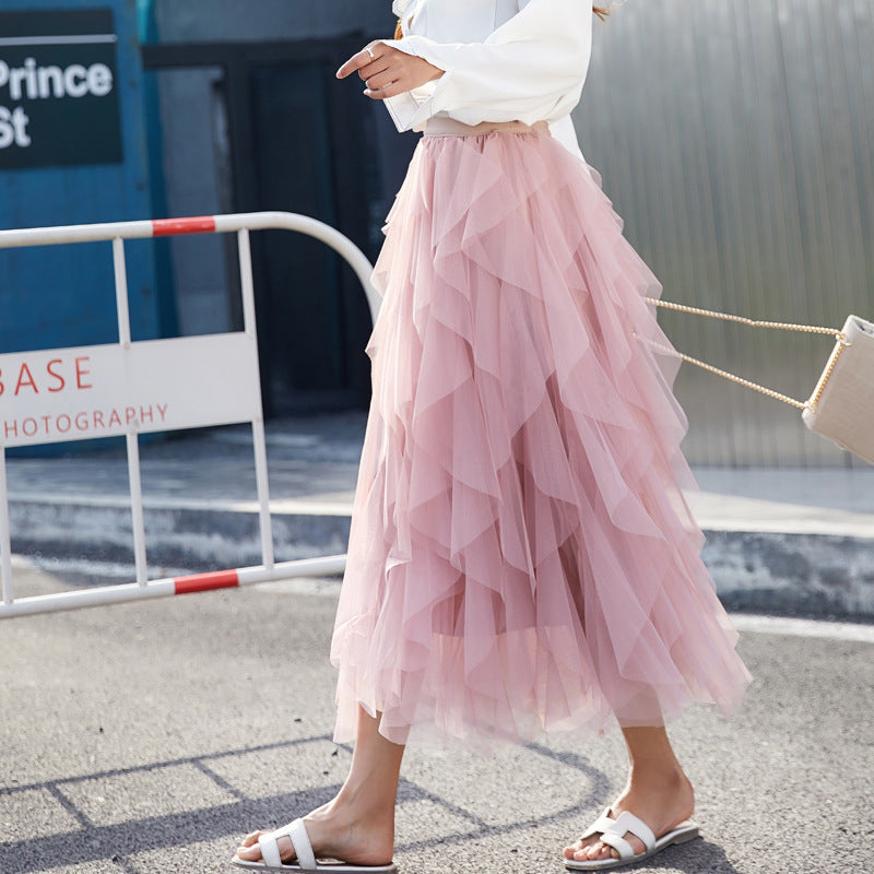 High-Waisted Layered Tulle Midi Skirt for Women